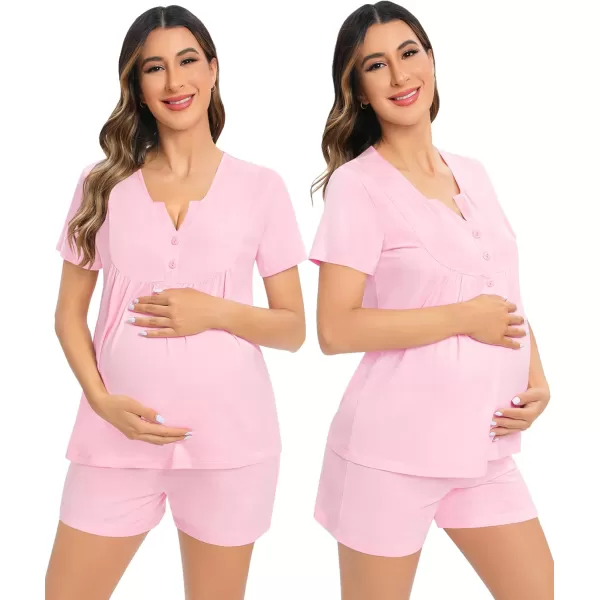 imageSWOMOG Womens Maternity Nursing Pajama Set 3 Pieces Breastfeeding Sleepwear Set Short Sleeve Pregnancy Pj Set ampamp PantsPink