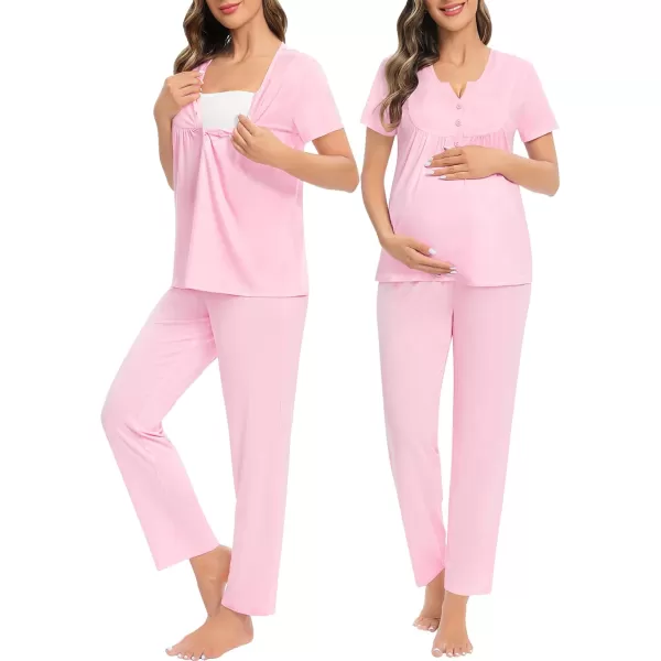 imageSWOMOG Womens Maternity Nursing Pajama Set 3 Pieces Breastfeeding Sleepwear Set Short Sleeve Pregnancy Pj Set ampamp PantsPink