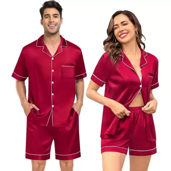 imageSWOMOG Couple Silk Satin Pajama Set Women ampamp Men Short Sleeve 2pc Pjs Button Down Sleepwear LoungewearRed