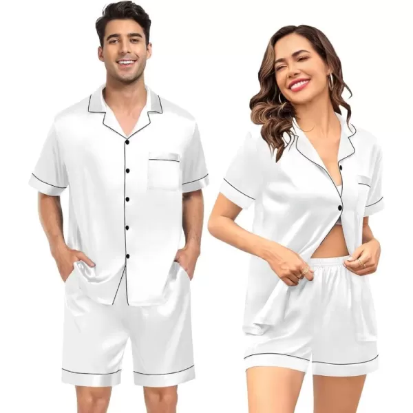 imageSWOMOG Couple Silk Satin Pajama Set Women ampamp Men Short Sleeve 2pc Pjs Button Down Sleepwear LoungewearWhite