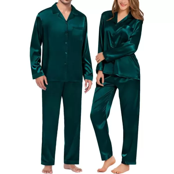 imageSWOMOG Couples Pajamas Womens ampampMens Matching Pajamas Set Silk Satin Pj Set Long Sleeve Button Down Sleepwear 2 Pcs LoungewearDeep Green