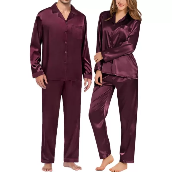 imageSWOMOG Couples Pajamas Womens ampampMens Matching Pajamas Set Silk Satin Pj Set Long Sleeve Button Down Sleepwear 2 Pcs LoungewearDeep Wine Red