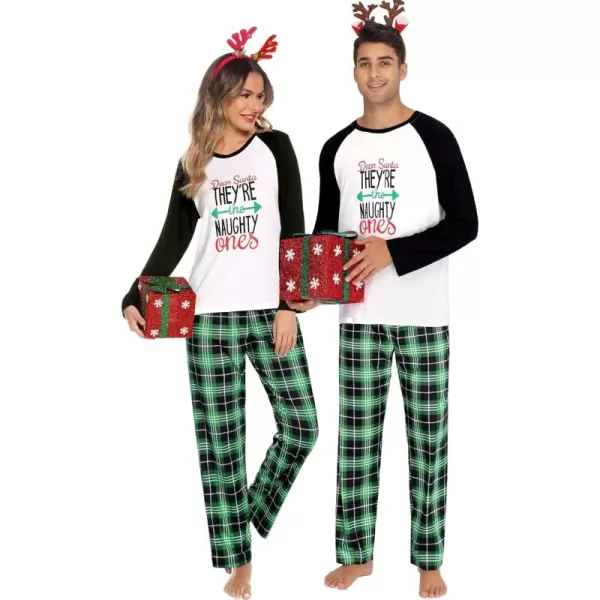 imageSWOMOG Matching Couples Christmas Pajamas Set Women ampamp Men Printed Long Sleeve Pjs Top and Plaid Pants LoungewearGreen Letter