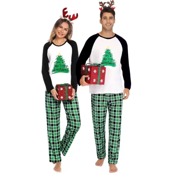 imageSWOMOG Matching Couples Christmas Pajamas Set Women ampamp Men Printed Long Sleeve Pjs Top and Plaid Pants LoungewearGreen Tree