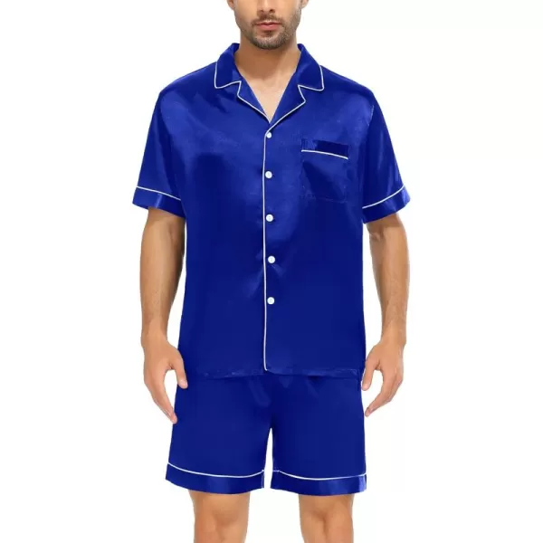 imageSWOMOG Men Satin Silk Pajamas Sets Short Sleeve Sleepwear ButtonDown PJs Sets TwoPieces Loungewear with PocketsBlue