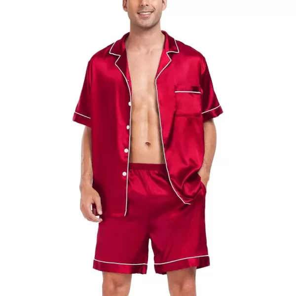 imageSWOMOG Men Satin Silk Pajamas Sets Short Sleeve Sleepwear ButtonDown PJs Sets TwoPieces Loungewear with PocketsCamellia Red