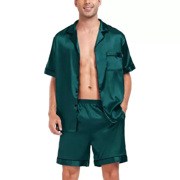 imageSWOMOG Men Satin Silk Pajamas Sets Short Sleeve Sleepwear ButtonDown PJs Sets TwoPieces Loungewear with PocketsDark Green