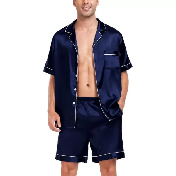 imageSWOMOG Men Satin Silk Pajamas Sets Short Sleeve Sleepwear ButtonDown PJs Sets TwoPieces Loungewear with PocketsDark Navy Blue