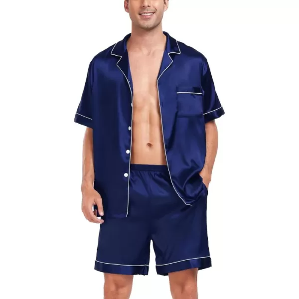 imageSWOMOG Men Satin Silk Pajamas Sets Short Sleeve Sleepwear ButtonDown PJs Sets TwoPieces Loungewear with PocketsNavy Blue