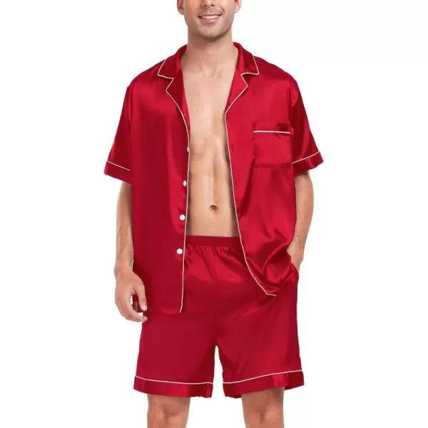 imageSWOMOG Men Satin Silk Pajamas Sets Short Sleeve Sleepwear ButtonDown PJs Sets TwoPieces Loungewear with PocketsRed