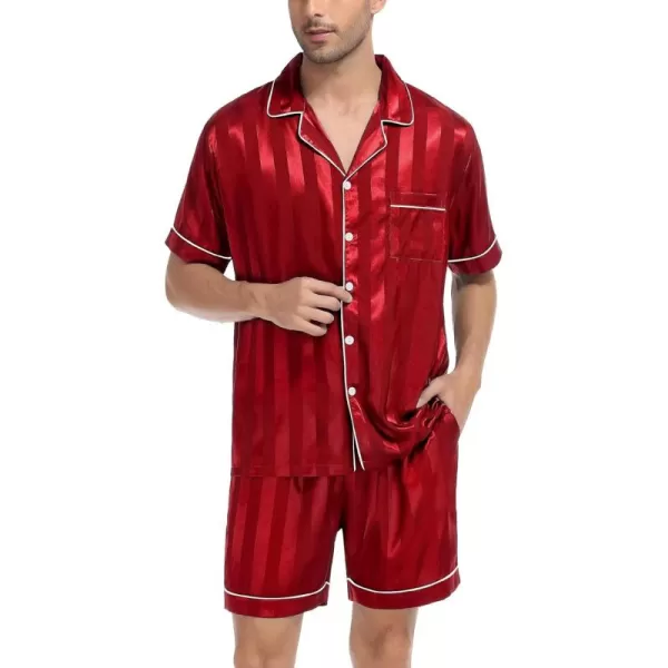 imageSWOMOG Men Satin Silk Pajamas Sets Short Sleeve Sleepwear ButtonDown PJs Sets TwoPieces Loungewear with PocketsRed Sriped