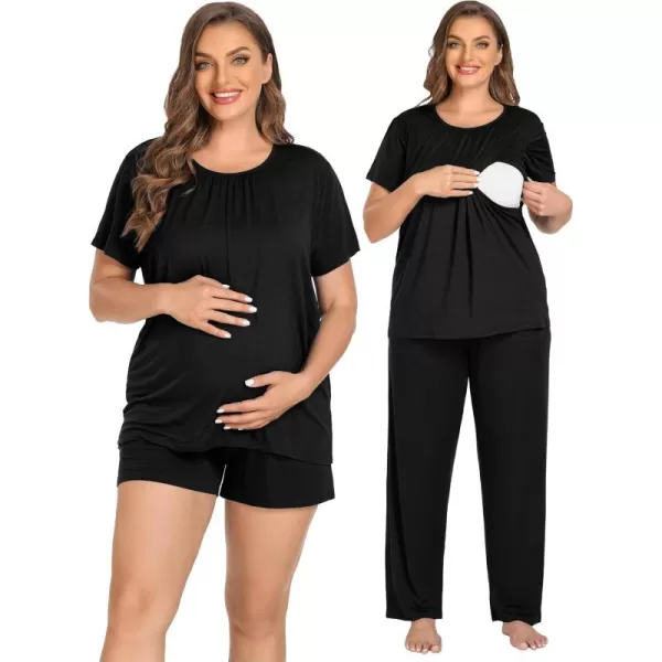 imageSWOMOG Women 3Pcs Maternity Pajama Set Nursing Pjs Pregnancy Set Breastfeeding Pjs Double Layer with PocketsBlack