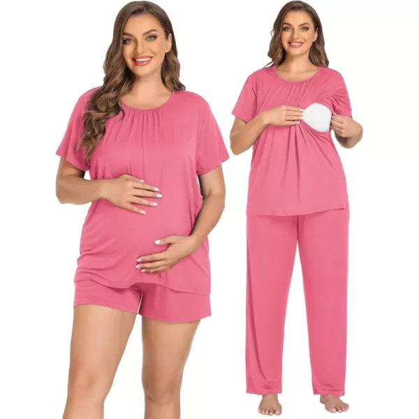 imageSWOMOG Women 3Pcs Maternity Pajama Set Nursing Pjs Pregnancy Set Breastfeeding Pjs Double Layer with PocketsCoral