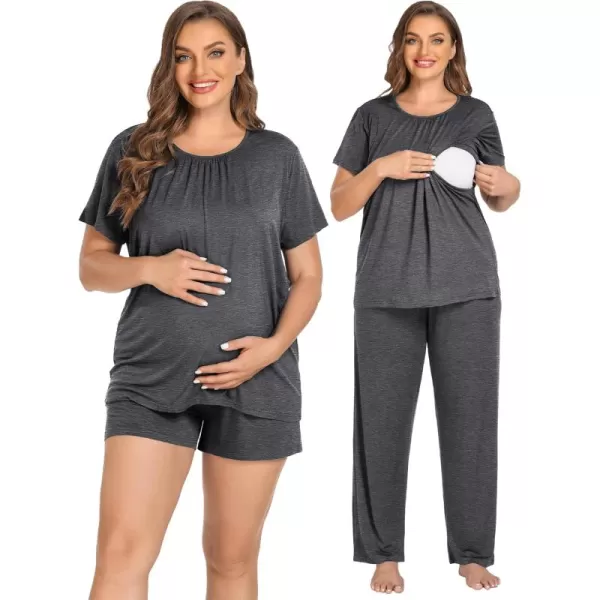 imageSWOMOG Women 3Pcs Maternity Pajama Set Nursing Pjs Pregnancy Set Breastfeeding Pjs Double Layer with PocketsDeep Grey