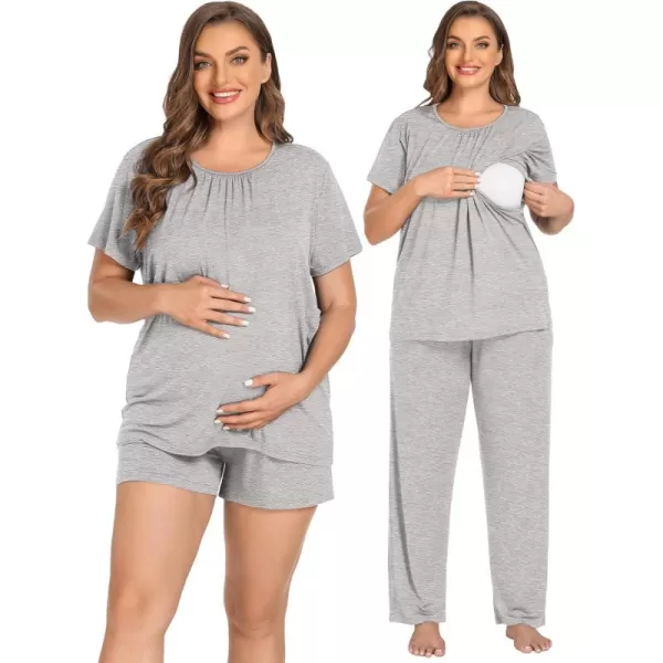 imageSWOMOG Women 3Pcs Maternity Pajama Set Nursing Pjs Pregnancy Set Breastfeeding Pjs Double Layer with PocketsGrey