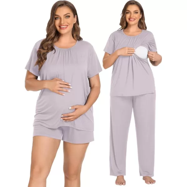 imageSWOMOG Women 3Pcs Maternity Pajama Set Nursing Pjs Pregnancy Set Breastfeeding Pjs Double Layer with PocketsLilac