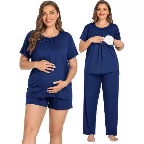 imageSWOMOG Women 3Pcs Maternity Pajama Set Nursing Pjs Pregnancy Set Breastfeeding Pjs Double Layer with PocketsNavy Blue