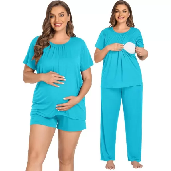 imageSWOMOG Women 3Pcs Maternity Pajama Set Nursing Pjs Pregnancy Set Breastfeeding Pjs Double Layer with PocketsPeacock Blue