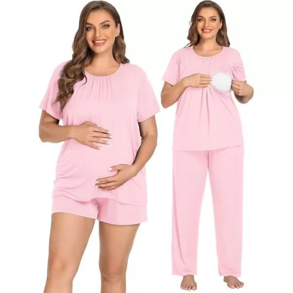 imageSWOMOG Women 3Pcs Maternity Pajama Set Nursing Pjs Pregnancy Set Breastfeeding Pjs Double Layer with PocketsPink