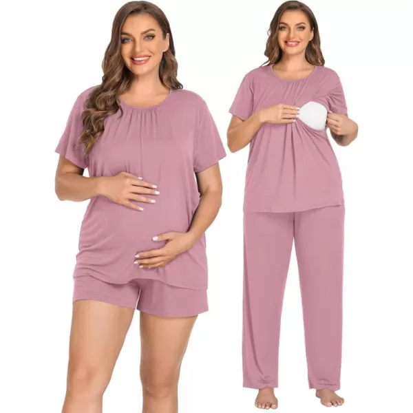 imageSWOMOG Women 3Pcs Maternity Pajama Set Nursing Pjs Pregnancy Set Breastfeeding Pjs Double Layer with PocketsTaropurple