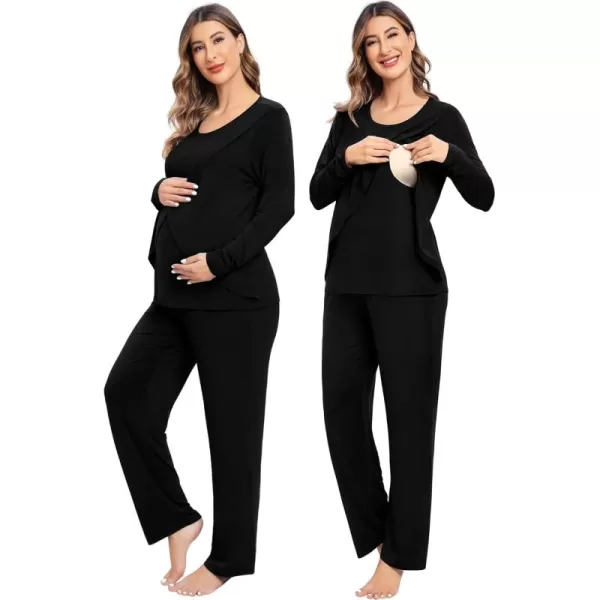 imageSWOMOG Women Maternity Pajama Set Nursing Pjs Double Layer Long Sleeve Top ampamp Pants Breastfeeding Pregnancy Set with PocketsBlack