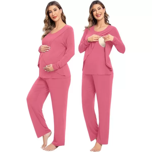 imageSWOMOG Women Maternity Pajama Set Nursing Pjs Double Layer Long Sleeve Top ampamp Pants Breastfeeding Pregnancy Set with PocketsCoral