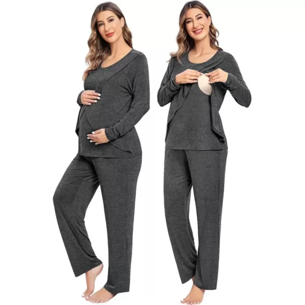 imageSWOMOG Women Maternity Pajama Set Nursing Pjs Double Layer Long Sleeve Top ampamp Pants Breastfeeding Pregnancy Set with PocketsDeep Grey