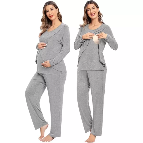 imageSWOMOG Women Maternity Pajama Set Nursing Pjs Double Layer Long Sleeve Top ampamp Pants Breastfeeding Pregnancy Set with PocketsGrey