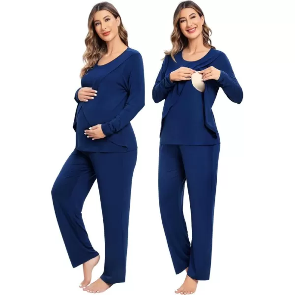 imageSWOMOG Women Maternity Pajama Set Nursing Pjs Double Layer Long Sleeve Top ampamp Pants Breastfeeding Pregnancy Set with PocketsNavy Blue