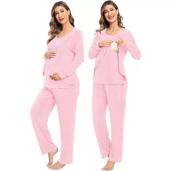 imageSWOMOG Women Maternity Pajama Set Nursing Pjs Double Layer Long Sleeve Top ampamp Pants Breastfeeding Pregnancy Set with PocketsPink