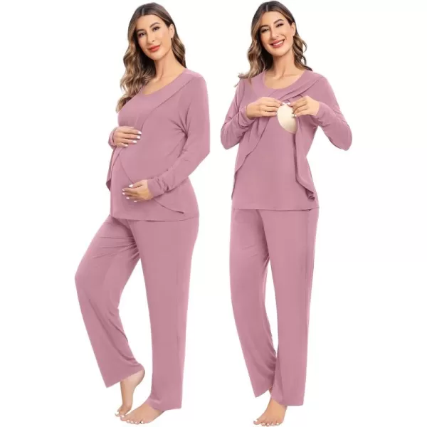 imageSWOMOG Women Maternity Pajama Set Nursing Pjs Double Layer Long Sleeve Top ampamp Pants Breastfeeding Pregnancy Set with PocketsTaro Purple