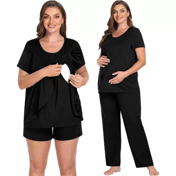 imageSWOMOG Women Maternity Pajamas Sets 3 Pcs Adjustable Breastfeeding Nightwear Double Layer Short Sleeve Pregnancy Pjs SetBlack