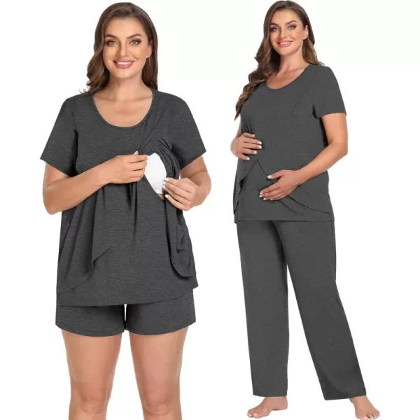 imageSWOMOG Women Maternity Pajamas Sets 3 Pcs Adjustable Breastfeeding Nightwear Double Layer Short Sleeve Pregnancy Pjs SetDeep Gray