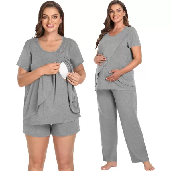 imageSWOMOG Women Maternity Pajamas Sets 3 Pcs Adjustable Breastfeeding Nightwear Double Layer Short Sleeve Pregnancy Pjs SetGray