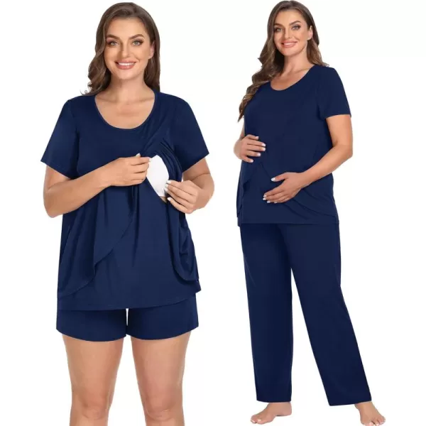 imageSWOMOG Women Maternity Pajamas Sets 3 Pcs Adjustable Breastfeeding Nightwear Double Layer Short Sleeve Pregnancy Pjs SetNavy Blue