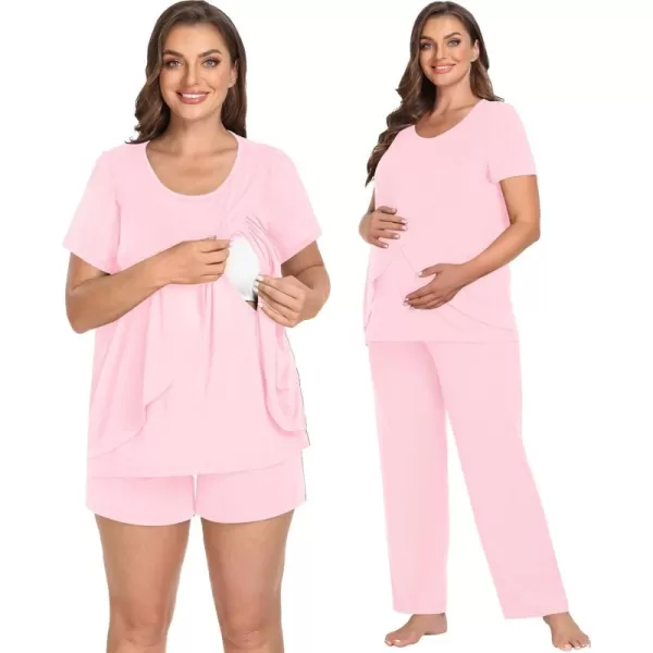 imageSWOMOG Women Maternity Pajamas Sets 3 Pcs Adjustable Breastfeeding Nightwear Double Layer Short Sleeve Pregnancy Pjs SetPink