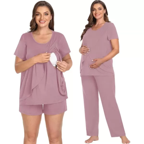 imageSWOMOG Women Maternity Pajamas Sets 3 Pcs Adjustable Breastfeeding Nightwear Double Layer Short Sleeve Pregnancy Pjs SetTaro Purple