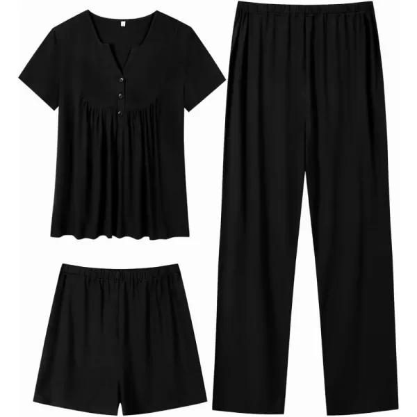 imageSWOMOG Womens Maternity Nursing Pajama Set 3 Pieces Breastfeeding Sleepwear Set Short Sleeve Pregnancy Pj Set ampamp PantsBlack