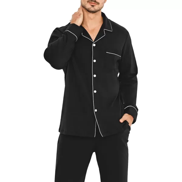 imageSWOMOG Men Pajamas Set Comfy Modal Pjs Button Down Sleepwear 2 Piece Long Sleeve Lounge Set Soft Nightwear with PocketsBlack