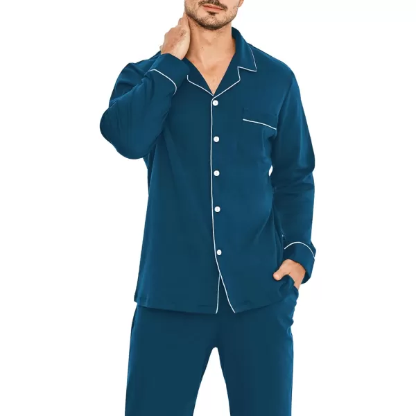 imageSWOMOG Men Pajamas Set Comfy Modal Pjs Button Down Sleepwear 2 Piece Long Sleeve Lounge Set Soft Nightwear with PocketsDeep Navy Blue