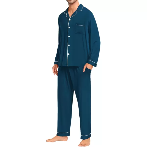 imageSWOMOG Men Pajamas Set Comfy Modal Pjs Button Down Sleepwear 2 Piece Long Sleeve Lounge Set Soft Nightwear with PocketsDeep Navy Blue