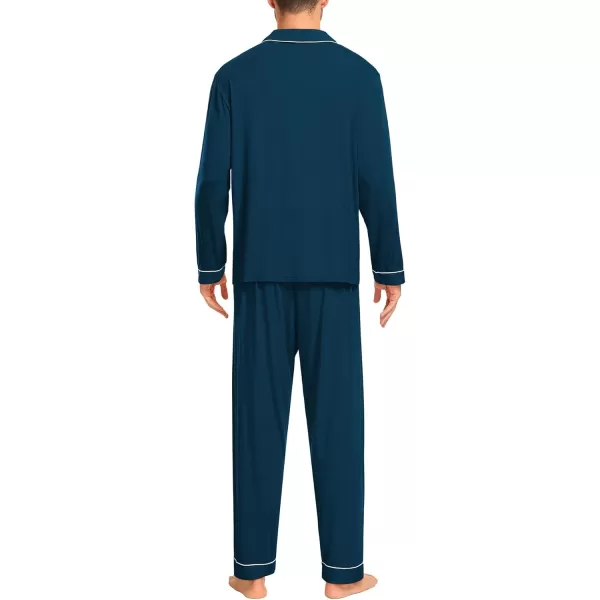 imageSWOMOG Men Pajamas Set Comfy Modal Pjs Button Down Sleepwear 2 Piece Long Sleeve Lounge Set Soft Nightwear with PocketsDeep Navy Blue