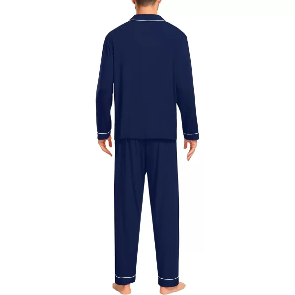 imageSWOMOG Men Pajamas Set Comfy Modal Pjs Button Down Sleepwear 2 Piece Long Sleeve Lounge Set Soft Nightwear with PocketsNavy Blue