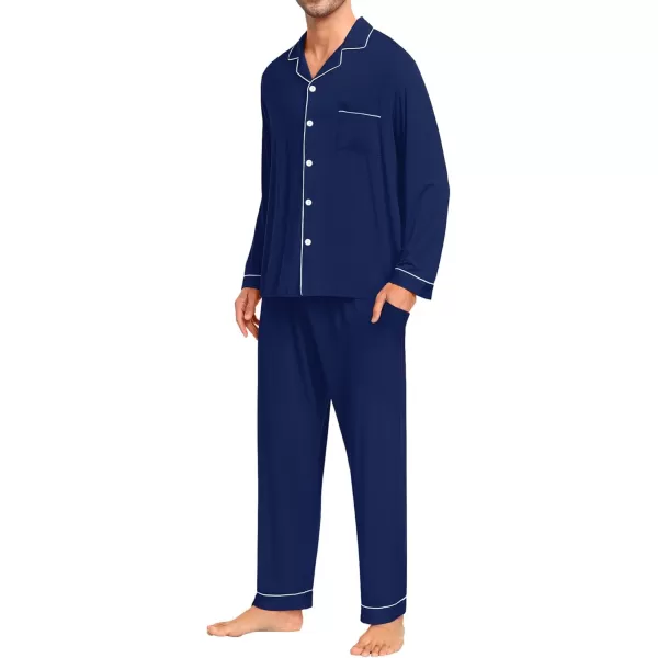 imageSWOMOG Men Pajamas Set Comfy Modal Pjs Button Down Sleepwear 2 Piece Long Sleeve Lounge Set Soft Nightwear with PocketsNavy Blue