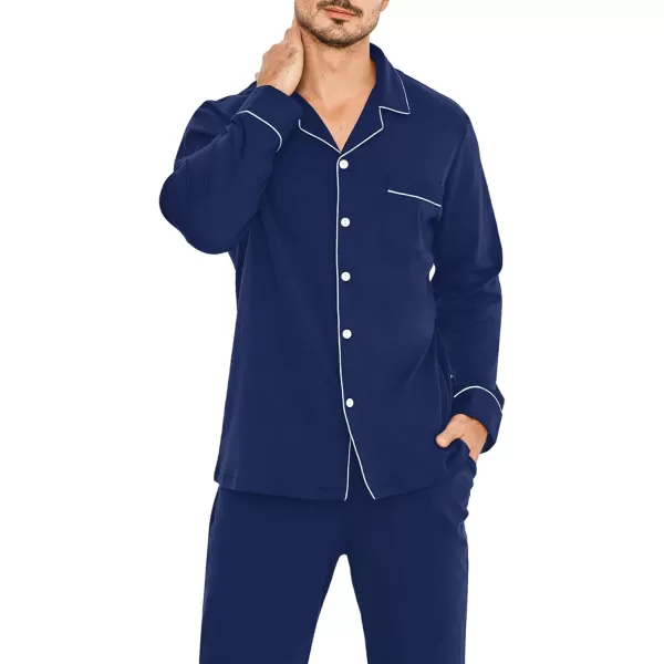 imageSWOMOG Men Pajamas Set Comfy Modal Pjs Button Down Sleepwear 2 Piece Long Sleeve Lounge Set Soft Nightwear with PocketsNavy Blue