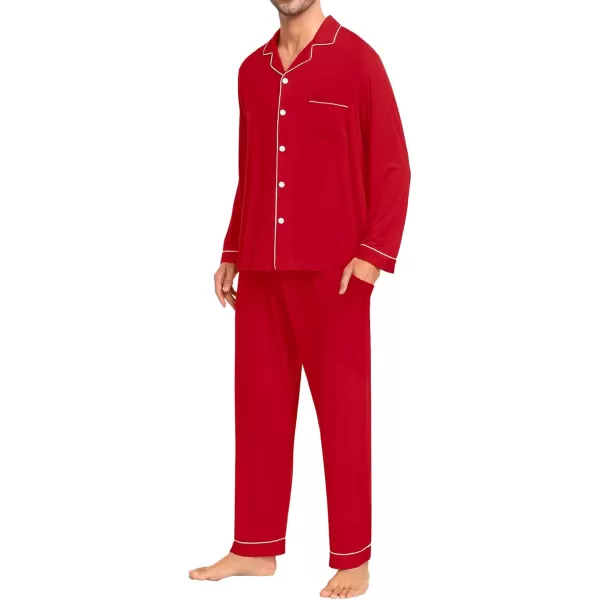 imageSWOMOG Men Pajamas Set Comfy Modal Pjs Button Down Sleepwear 2 Piece Long Sleeve Lounge Set Soft Nightwear with PocketsRed