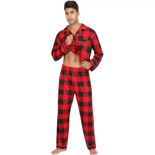 imageSWOMOG Men Pajamas Set Comfy Modal Pjs Button Down Sleepwear 2 Piece Long Sleeve Lounge Set Soft Nightwear with PocketsRed Buffalo Plaid