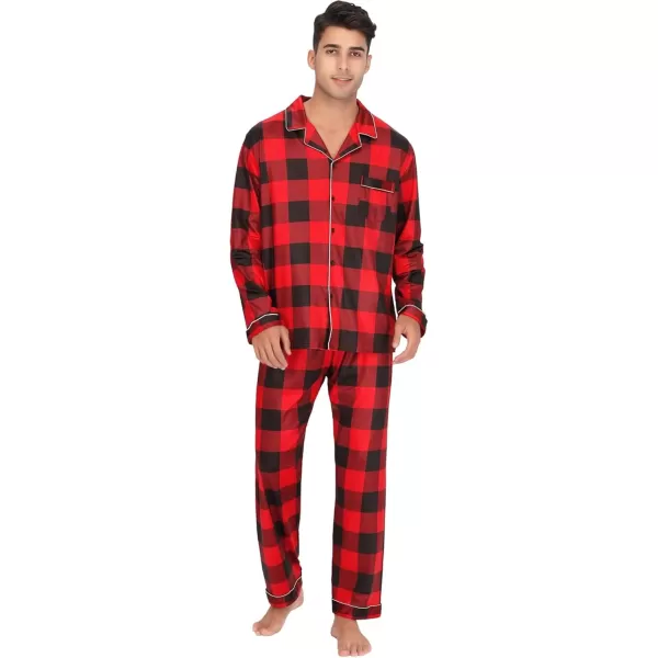 imageSWOMOG Men Pajamas Set Comfy Modal Pjs Button Down Sleepwear 2 Piece Long Sleeve Lounge Set Soft Nightwear with PocketsRed Buffalo Plaid