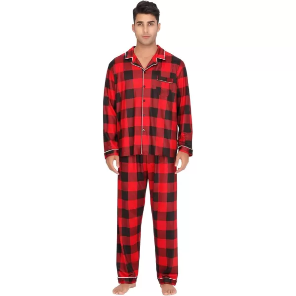 imageSWOMOG Men Pajamas Set Comfy Modal Pjs Button Down Sleepwear 2 Piece Long Sleeve Lounge Set Soft Nightwear with PocketsRed Buffalo Plaid