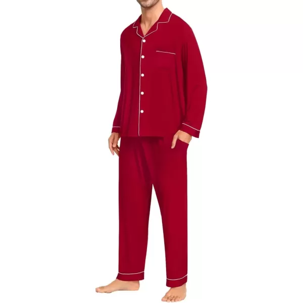 imageSWOMOG Men Pajamas Set Comfy Modal Pjs Button Down Sleepwear 2 Piece Long Sleeve Lounge Set Soft Nightwear with PocketsWine Red